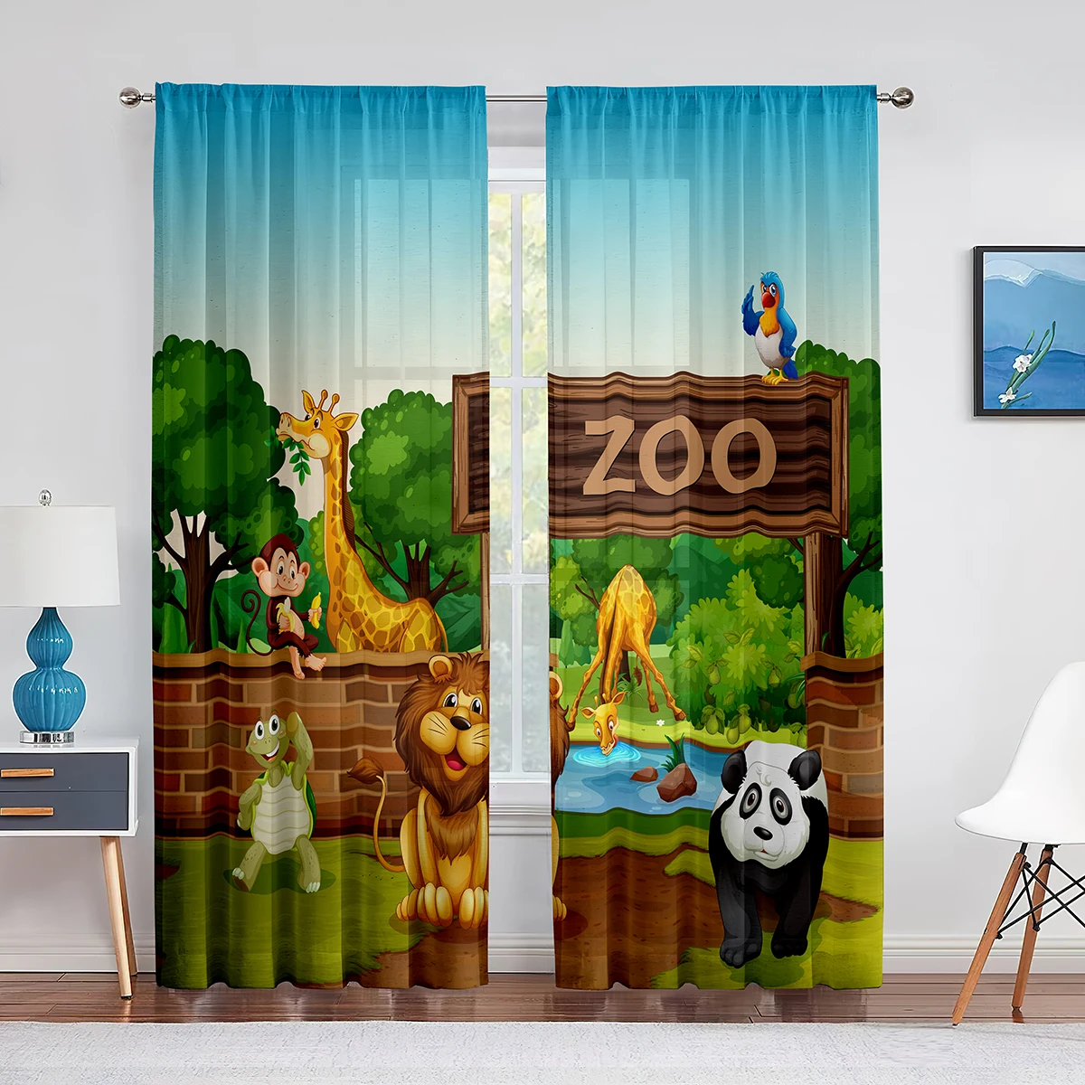 

Cartoon Zoo Theme Window Tulle Curtains Animals Wildlife Tiger Panda Sheer Voile Curtain for Kids Bedroom Living Room Home Decor