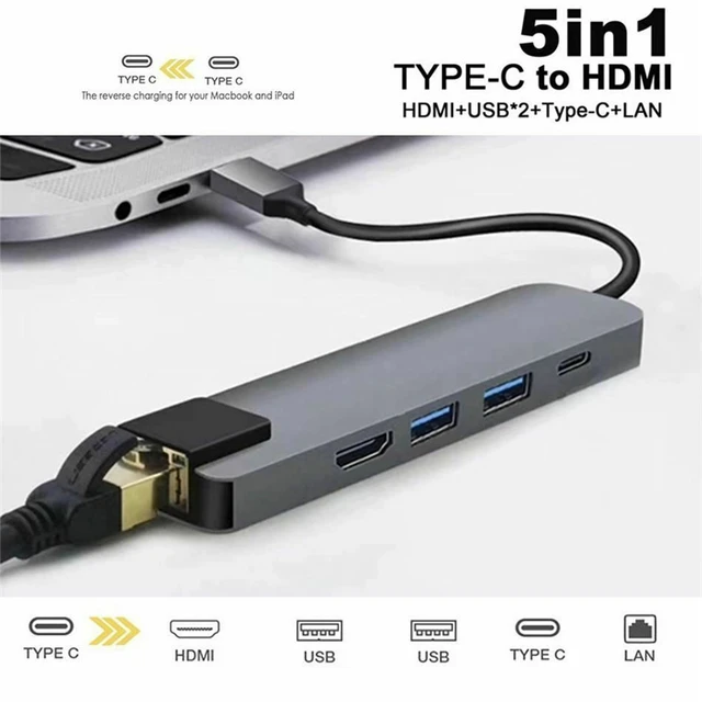 NOUVEAU 5 en 1 Hub USB de type C Hdmi PD Hub USB C vers Gigabit Ethernet  Adaptateur Rj45 Lan pour Macbook Pro Thunderbolt 3 Port de chargeur DNSHOP  