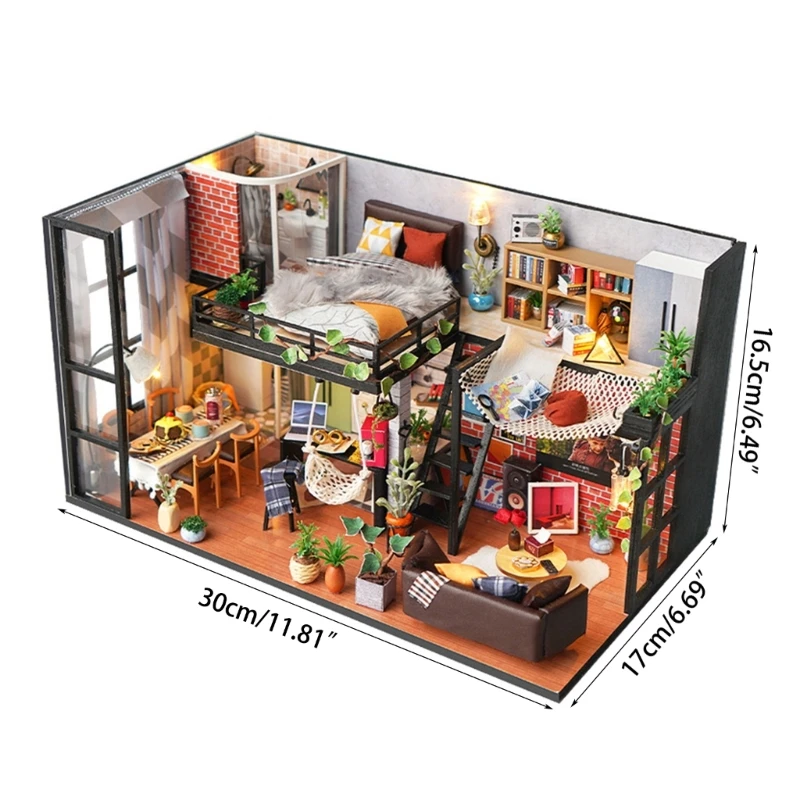 나무 인형 집 DIY 소형 가구 키트 LED 조명, 청소년을위한 먼지 커버 장난감과 미니 수제 공예 집 모델
