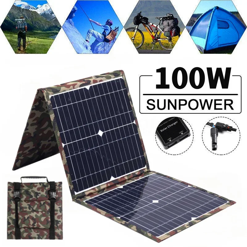 

100W Foldable Solar Panel Portable Solar Charger 12v Battery Power Station 5v USB Mobile Phone Power Bank Laptop Camper Hiking