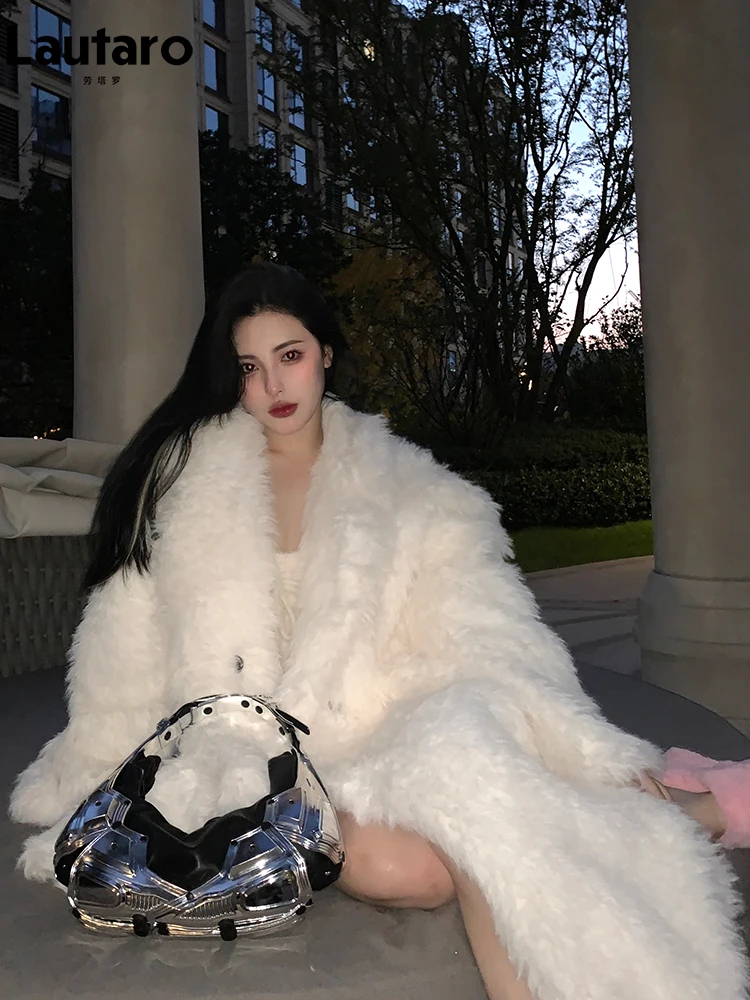 

Lautaro Winter Long White Oversized Thick Warm Shaggy Hairy Fluffy Soft Faux Fur Coat Women Double Breasted Luxury Fashion 2023