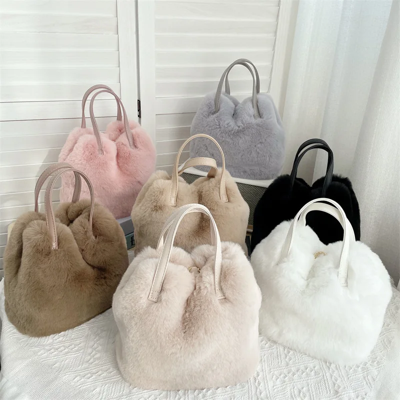 Practical Large-capacity Bucket Bag Handbag Fashionable Imitation Rabbit Fur Plush Bag Tote Winter New Designer ladies handbag