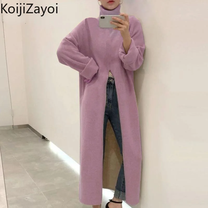 

Koijizayoi Sweet High Split Pullovers Autumn Winter Straight Chic Korean Sweaters Casual Loose Solid Lady Outwear Dress Jumpers