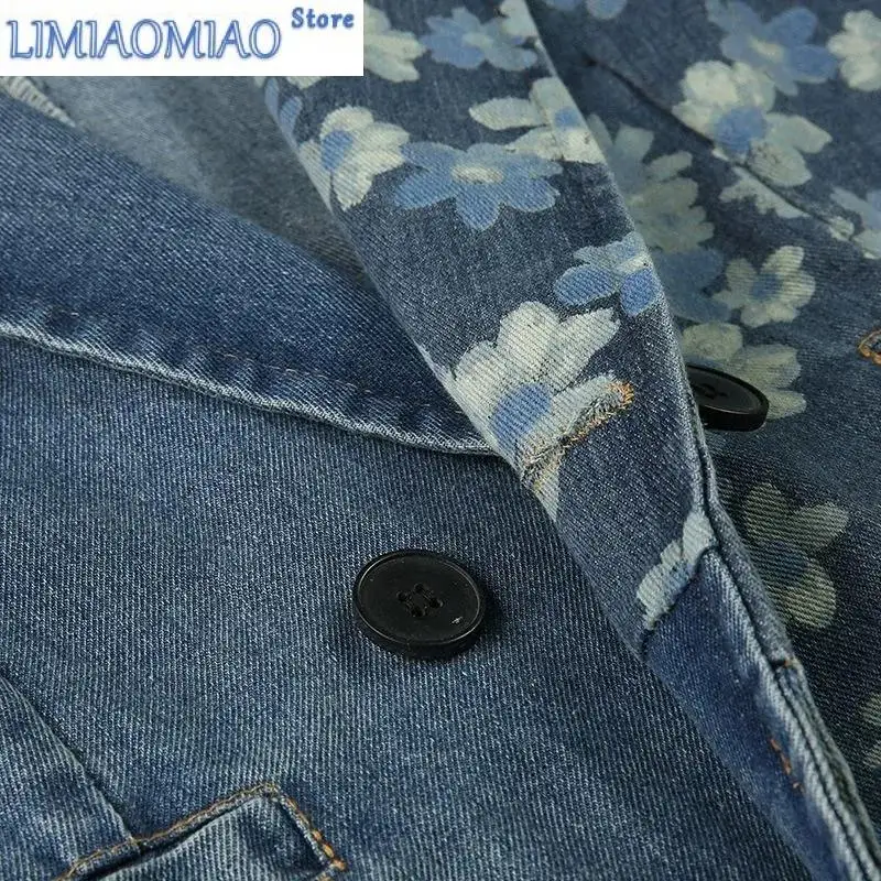 New Lady Print Suit Collar Denim Jacket Vintage High-End Small Fragrance Women's Female Blazer Short Top Suit Thin Fashion