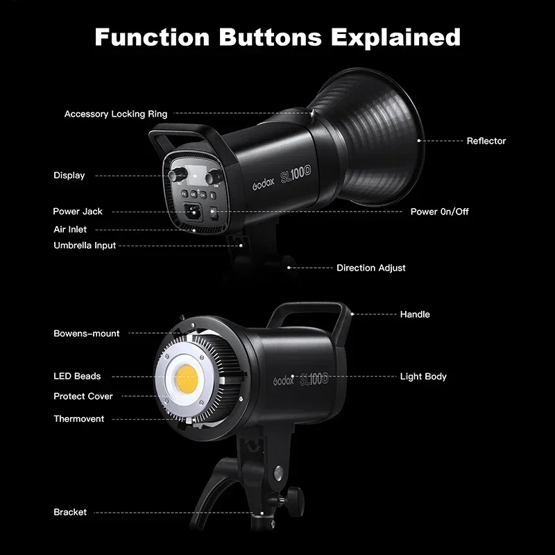 Godox SL100Bi LED Video Light 2800k-6500k Bi-color Version LCD Panel Photogranphy Continuous Output Bowens Mount Studio Light 6