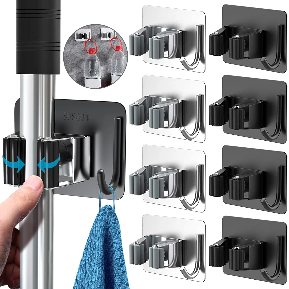 

Wall Mounted Mop Holder Stainless Steel Adhesive Rack Brush Broom Hanging Hook Storage Kitchen Bathroom Home Accessories