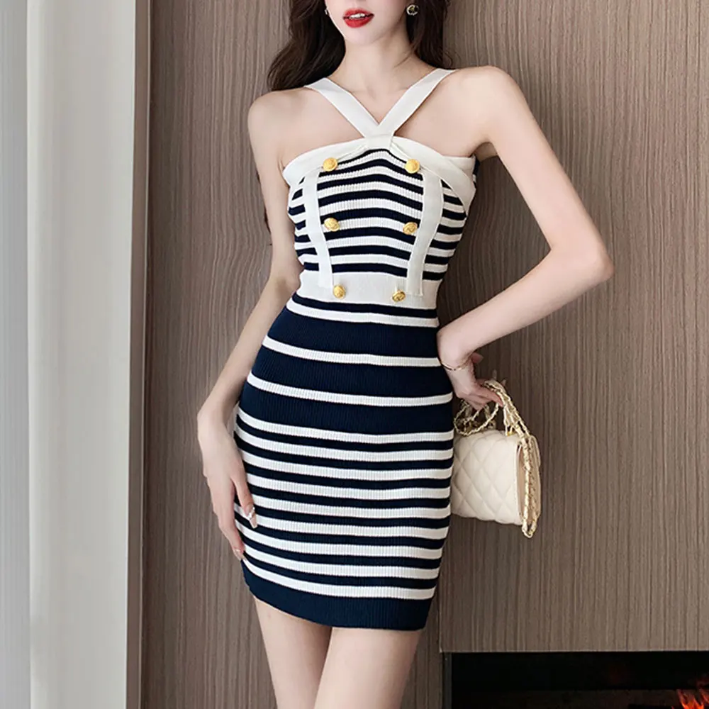 

Halter-Neck Navy Striped Buttons Knitted Women's Mini Dress 2023 Summer New Off-Shoulder Wrap Sexy Sweet Fashion Chic Clothing