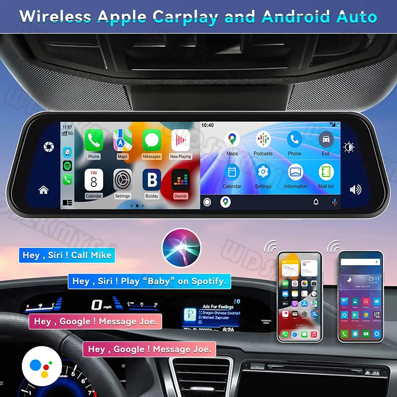 4K Dash Cam for Cars 10inch Car DVR WIFI Wireless Carplay Android Auto Video Recorder Front and Rear Rearview Mirror Dash Camera