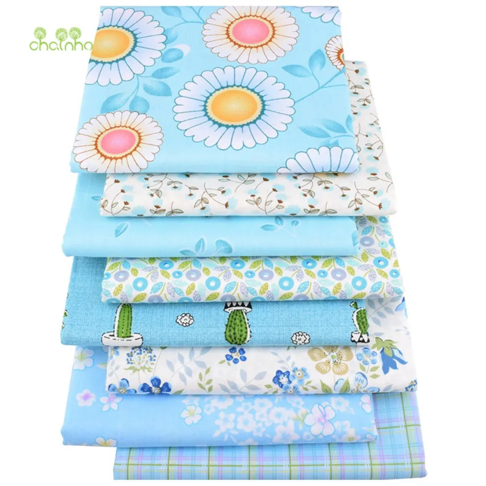 Chainho,Printed Twill Weave Cotton Fabric,DIY Quilting Sewing Material,Patchwork Cloth,Blue FLoral Series,8 Designs,2 Size,CC289