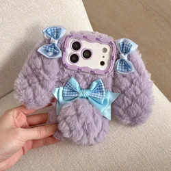 Bunny Rabbit Plush Phone Case with Butterfly Knot Design - Protective Cover - iPhone 15 Plus (PURPLE)