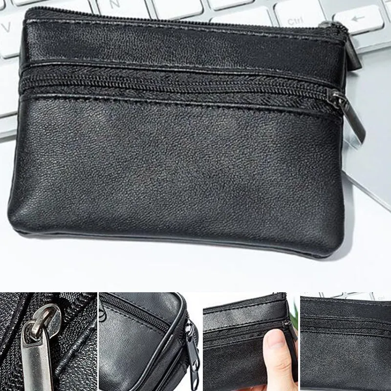 Coin Purse Men Women Coin Purse Black Pu Leather Double Single Zipper Multi-Function Mobile Phone Mini Wallet 1pc