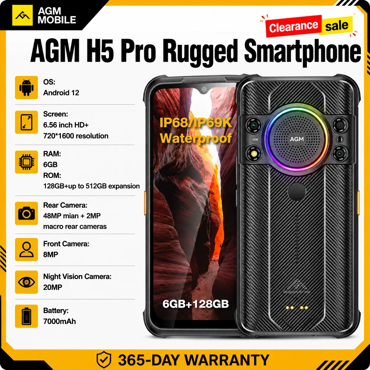 AGM H5 Pro Rugged Helio G85 Smartphone, 6.56" HD+ 6GB+128GB 48MP Camera 7000mAh NFC/IP68 109dB Speaker Night Vision Smartphone