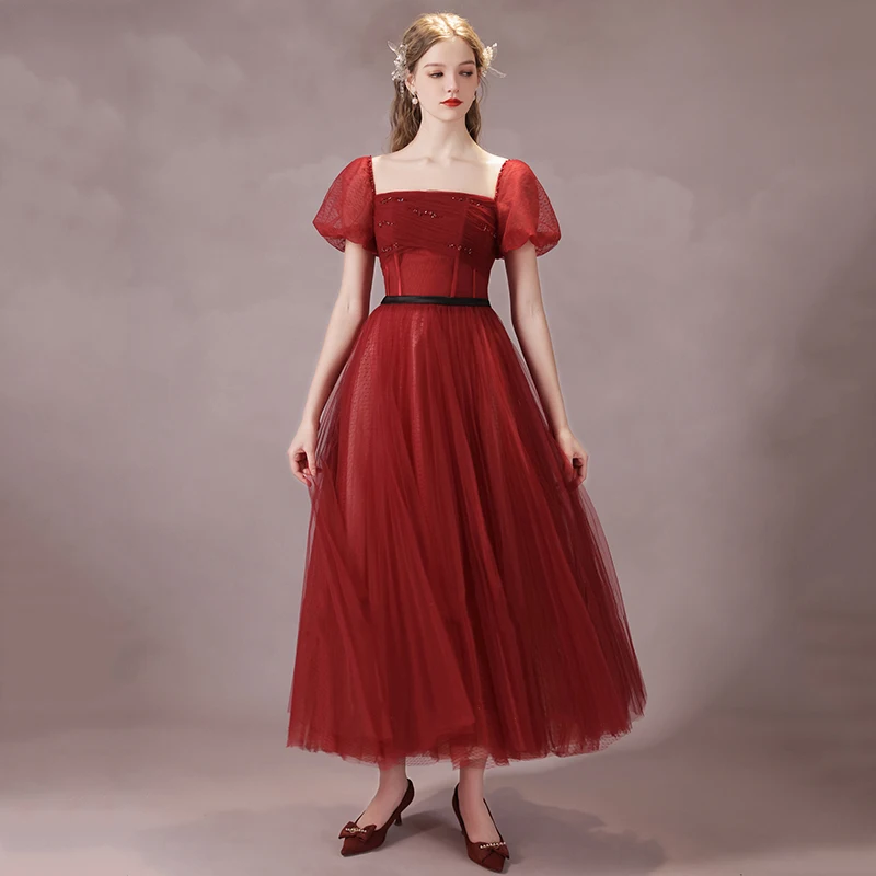 

LAMYA Vintage Beads Tea Length Prom Dresses Burgundy Evening Party Dress With Short Cap Sleeve Tulle A Line Vestidos De Fiesta