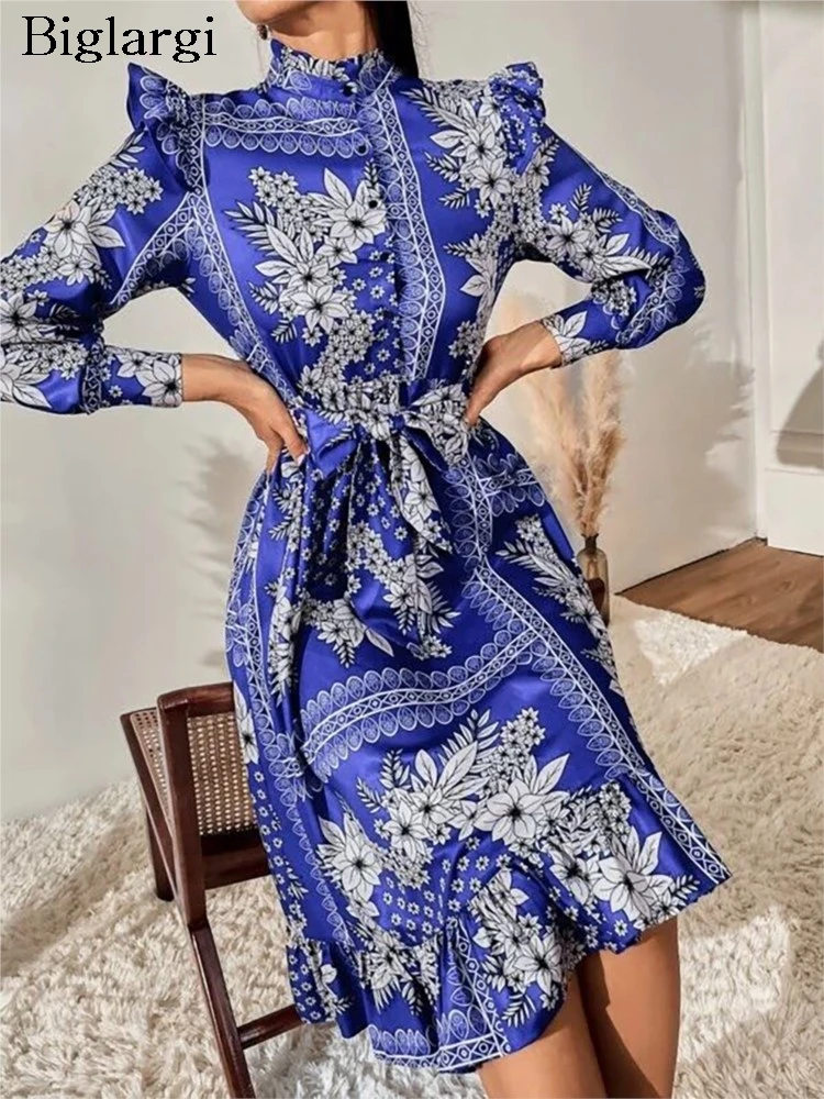 

Spring Summer Midi Dress Women Floral Print Slim Fashion Irregular Ruffle Pleated Ladies Dresses Long Sleeve Woman Dress