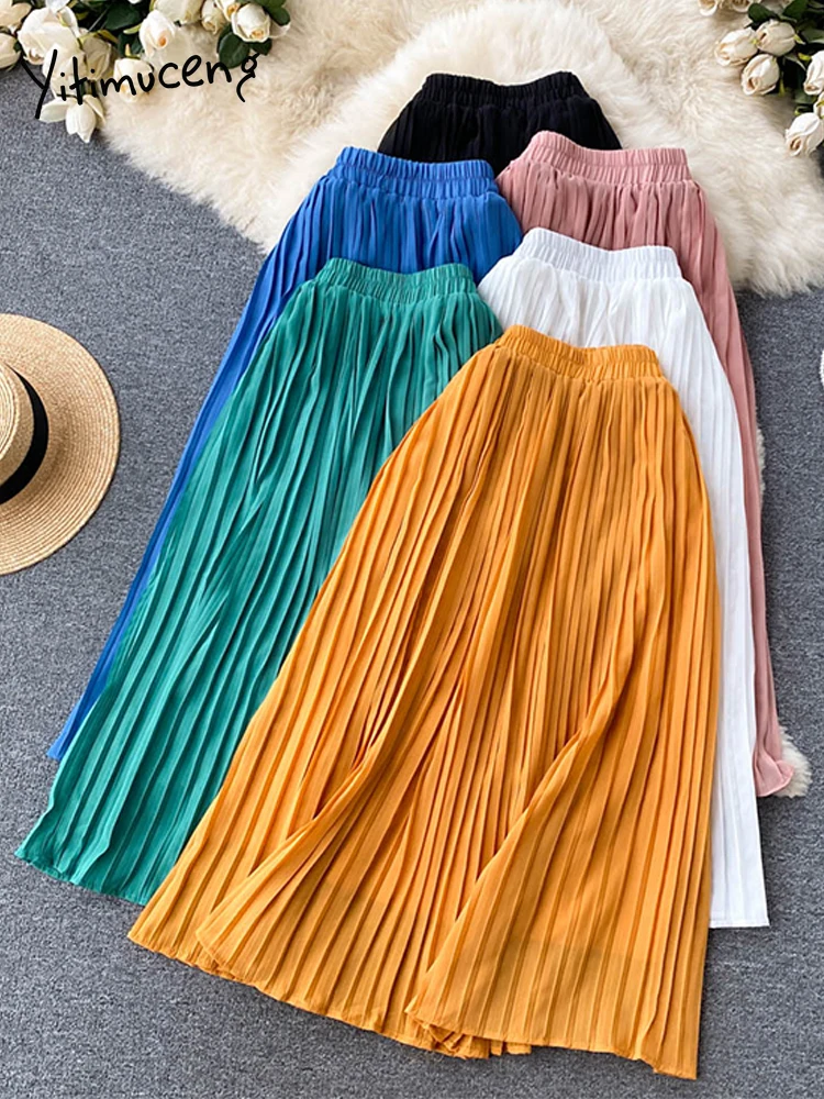 Faldas plisadas amarillas de cintura elástica mujer, faldas Midi ajustadas holgadas de color liso, ropa de calle de estilo coreano, novedad de 2022 - AliExpress