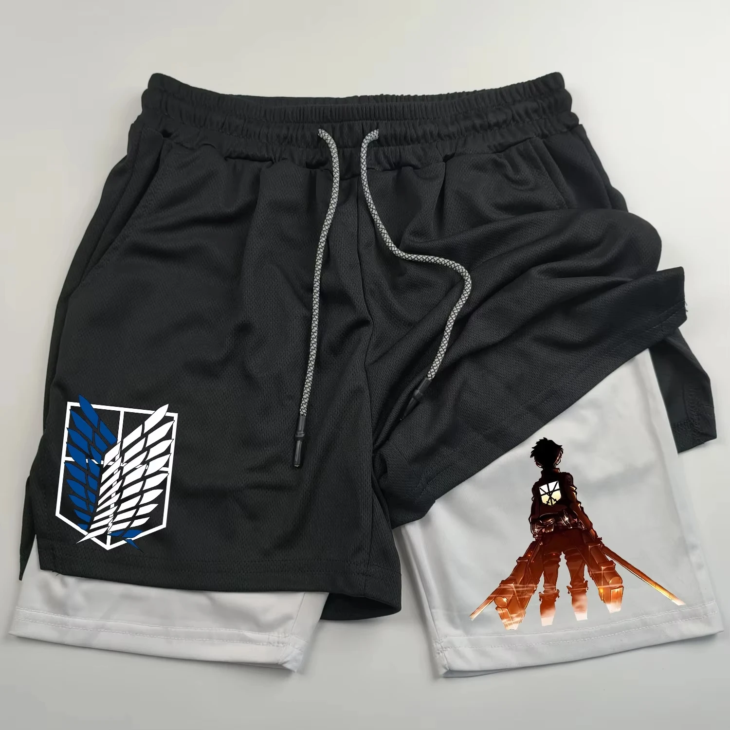 2-in-1 sports shorts anime Attack on Titan men's shorts quick drying breathable sports fitness shorts outdoor running gym short 2