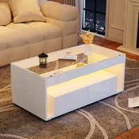 Table basse avec éclairage LED 16 couleurs, table de canapé rectangulaire avec 2 grands tiroirs, table de salon en verre, design à double couche 5
