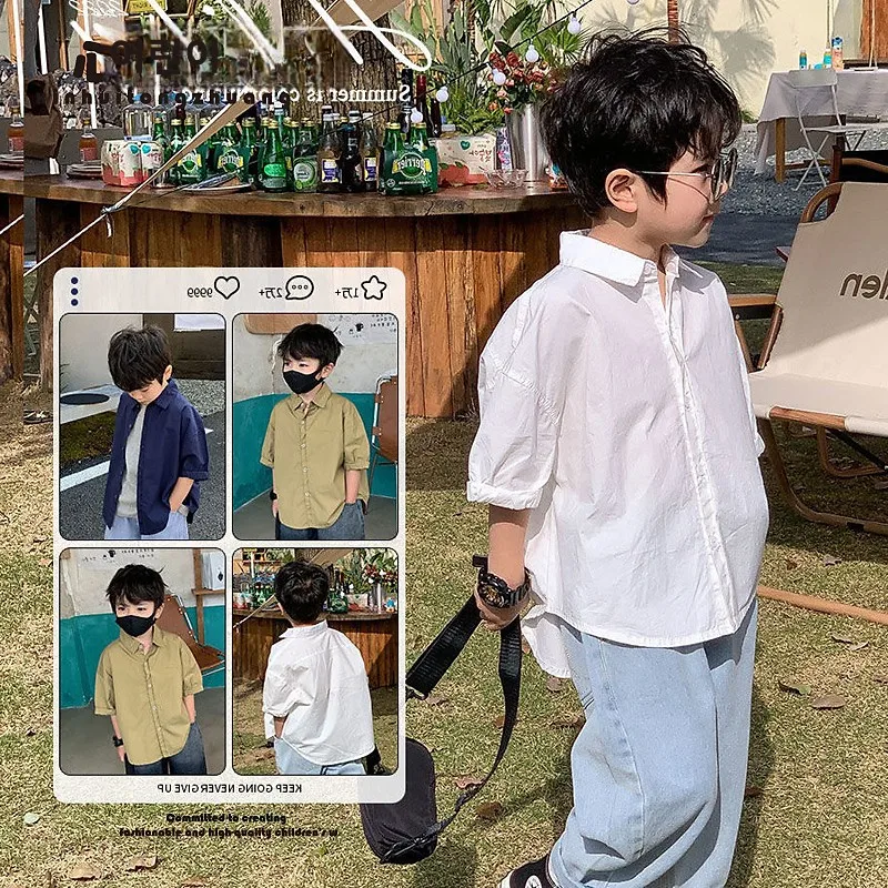 소년 여름 캐주얼 반팔 셔츠 중소 어린이를 위한 세련된 흰색 셔츠 편안한 핏 통..