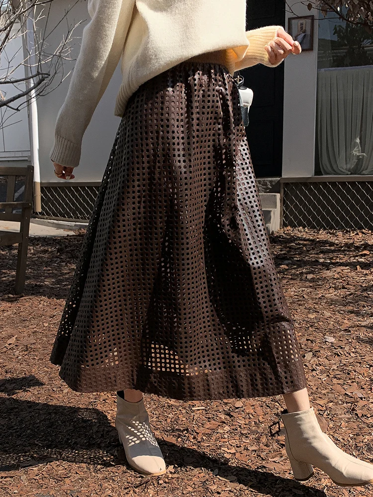 QOERLIN Vintage Hollow Out Leather Skirts Women High Waist PU Skirts Female Elastic Waist Beige Brown Green A-Line Saias Mujer