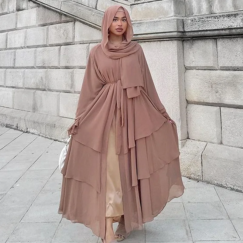 

Chiffon Open Abaya Layered Women Kaftan Dubai Luxury Turkey Muslim Dress Islam Robe African Kimono Femme Clothing Caftan Fashion