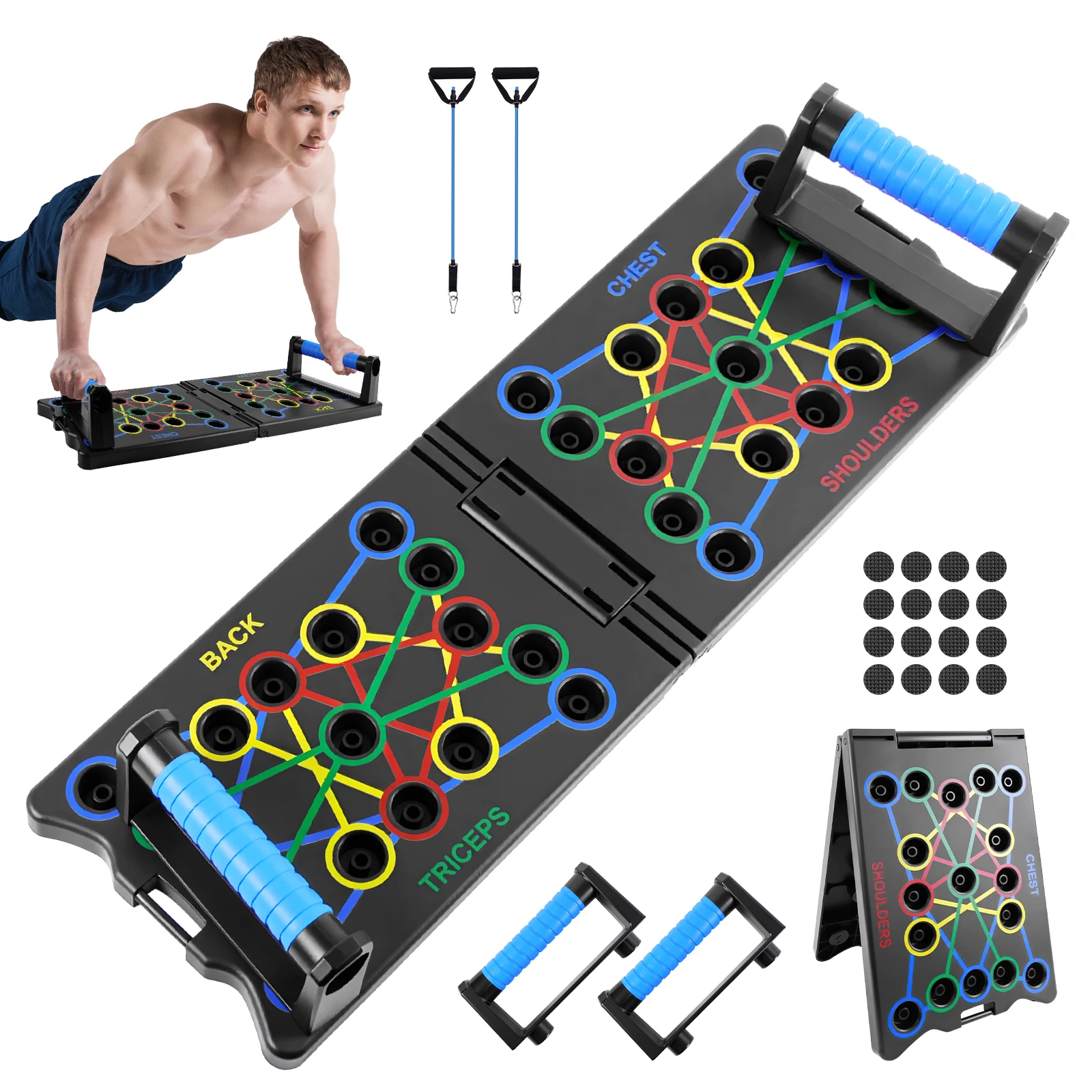3-in-1 Portable Pushup Board Set w/20KG Bands, Foldable Fitness Tool for Chest/Arms Training