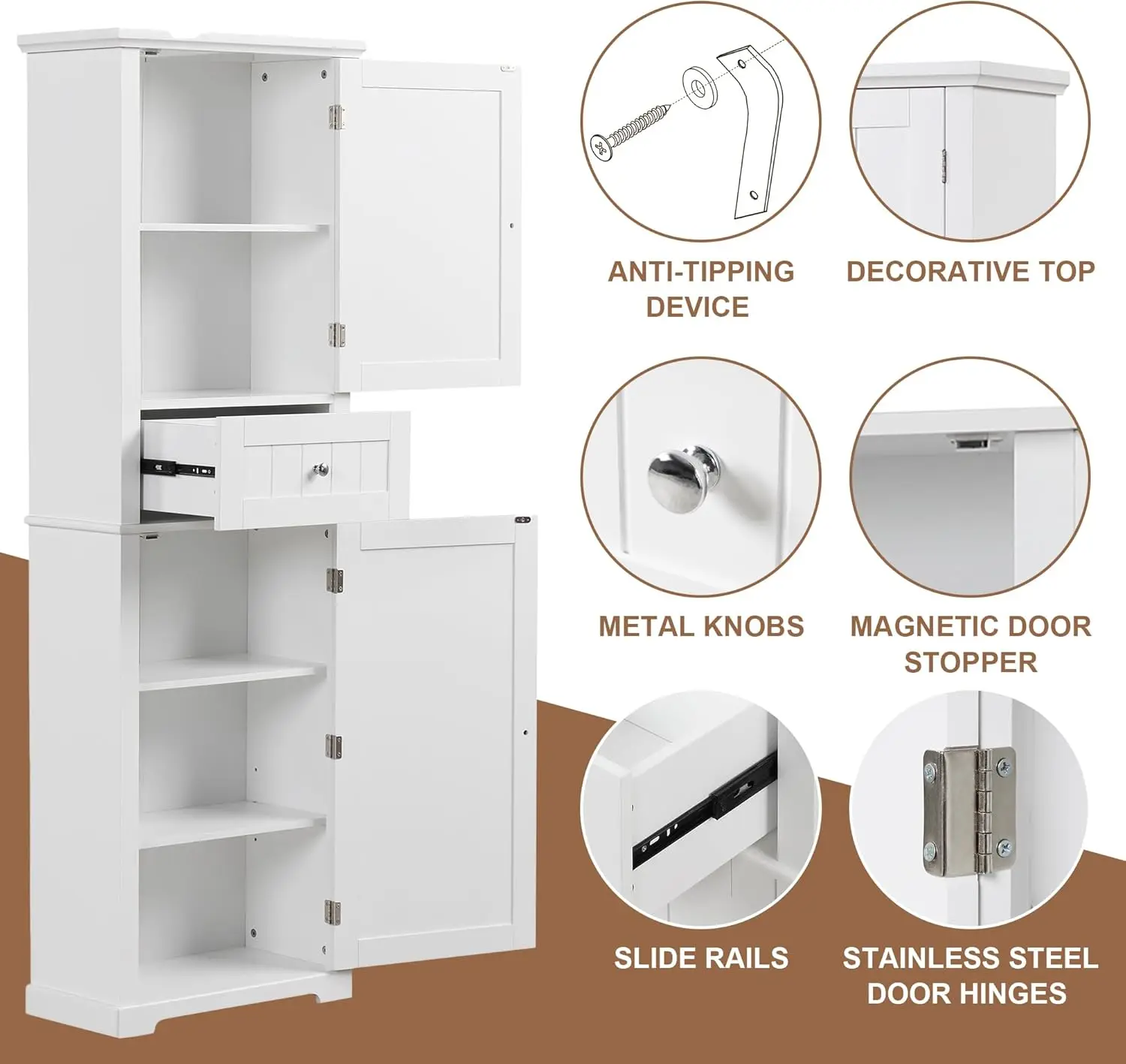 67.3" Tall Linen Cabinet, Modern Freestanding with 2 Doors and 1 Drawer, Organizers Storage, Shelves