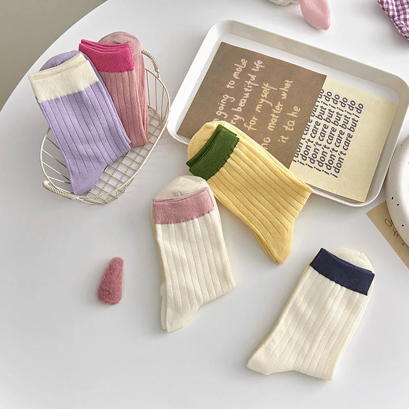 

Cream vertical stripe candy color socks Japanese fresh pure color simple match color everything women's mid-tube socks