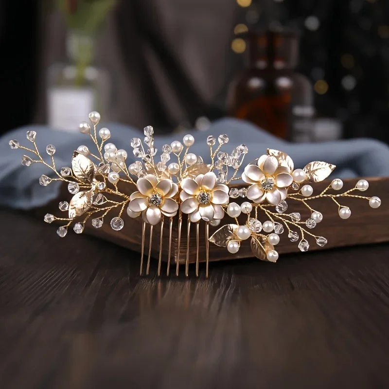 Handmade Gold Color Flower Hair Comb Pearl Rhinestone Flower Hair Accessories For Women Bride Wedding Accessories Tiara Headband