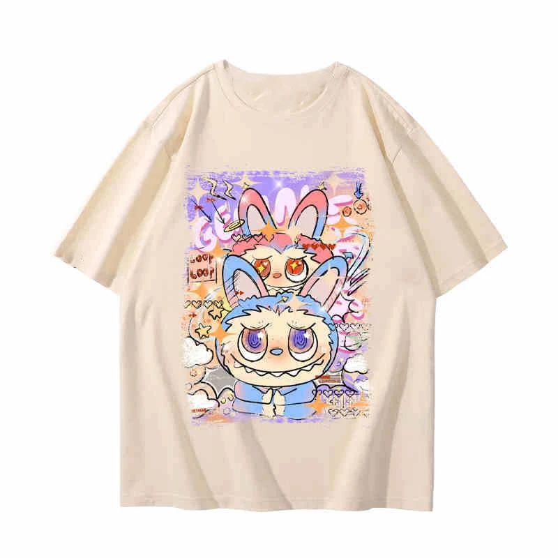 Men Casual Cute Tide Wear Tops Labubu Cartoon T-Shirts Short Sleeve Lovers Women High Quality Pure Cotton Kids Girls Clothes Tee 4