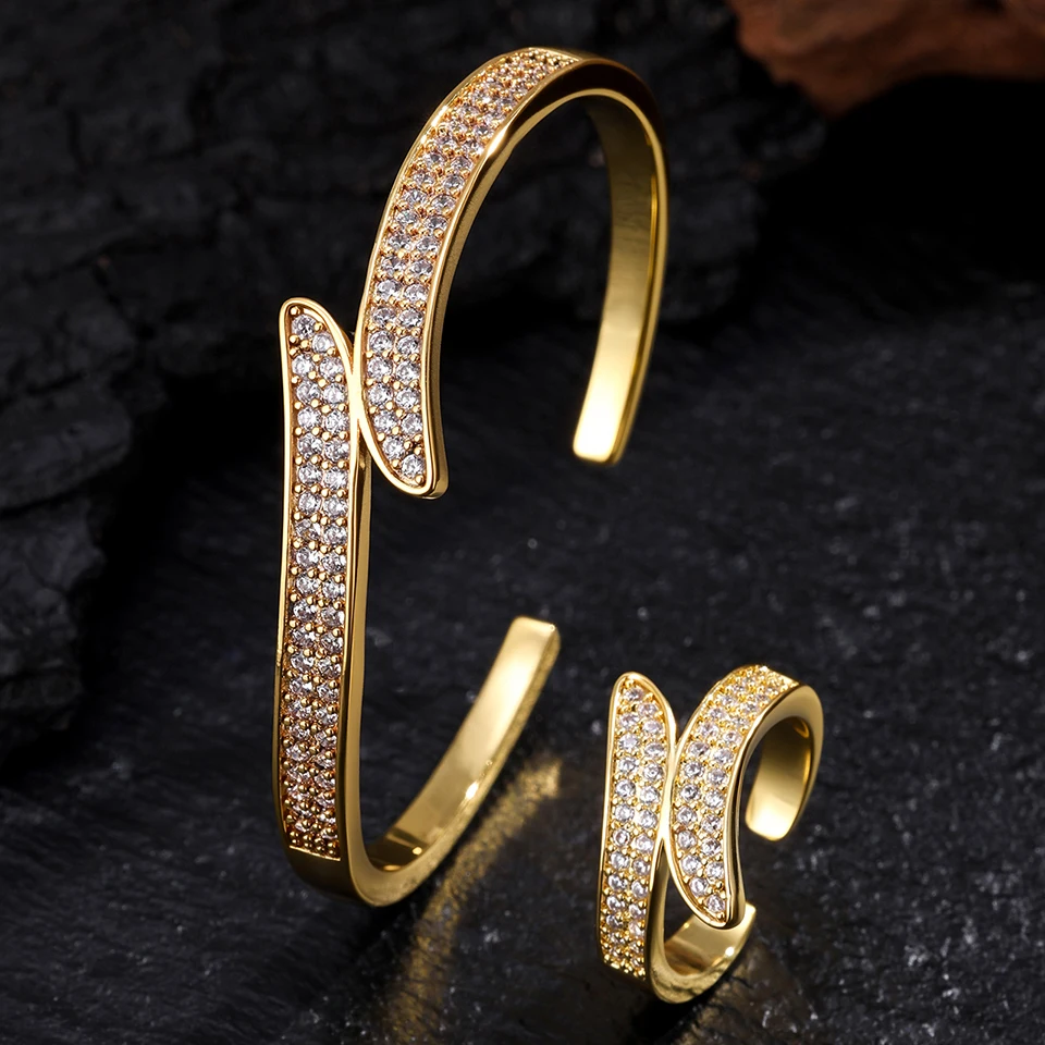 ZAKOL 9 Styles Golden Open Bracelet Ring Jewelry Set Geometric Shiny Zircon 18K Gold Plated Middle East Wedding Party Jewelry 3