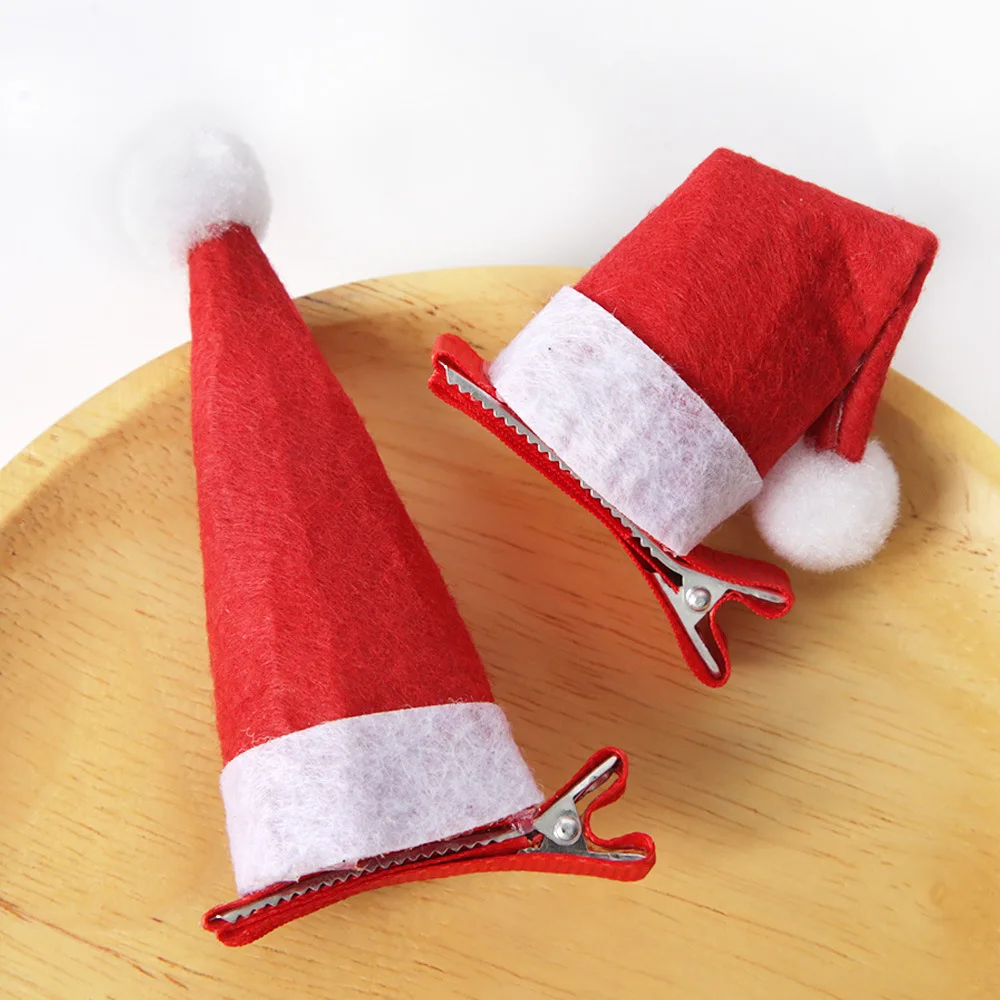 Christmas Santa Hat Hair Clips, 2Pcs Mini Red & White Felt Xmas Hair Accessories, Cute Holiday Party Decor Festive Hair For Wome