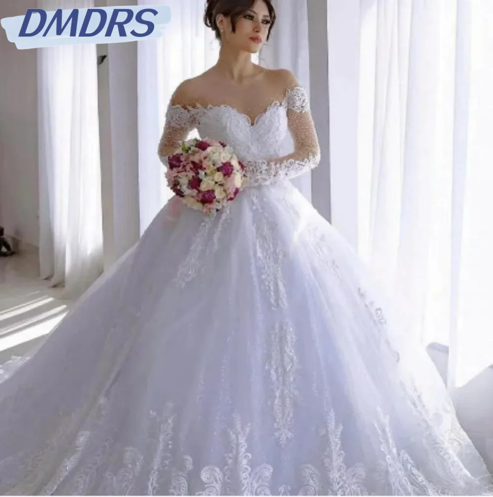 

Elegant Pearls Off The Shoulder Bride Robe Classic Lace Appliques Floor-length Bridal Gown Romantic Ball Gown Wedding Dress