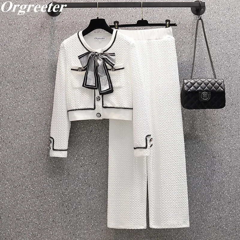 

New Spring Fashion Casual 2 Piece Set Women Short Cardigan Coat Crop Top & Wide Leg Pants Suit Female Vintage Trouers Sui