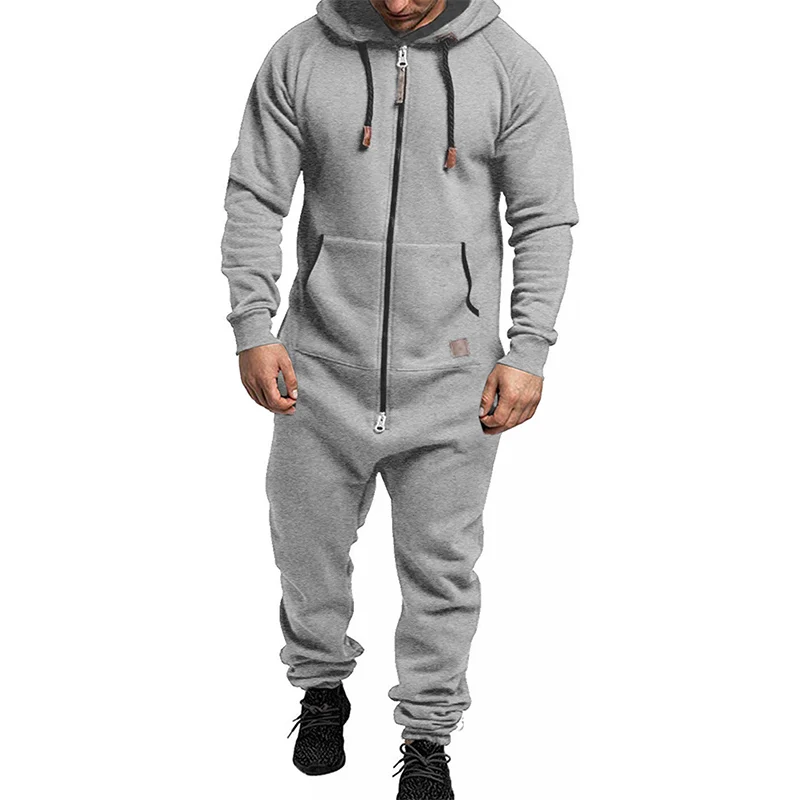 Men's Winter Hooded Jumpsuits Pockets Warm Long Sleeve Full Zipper Up Overalls Sweatsuits Drawstring