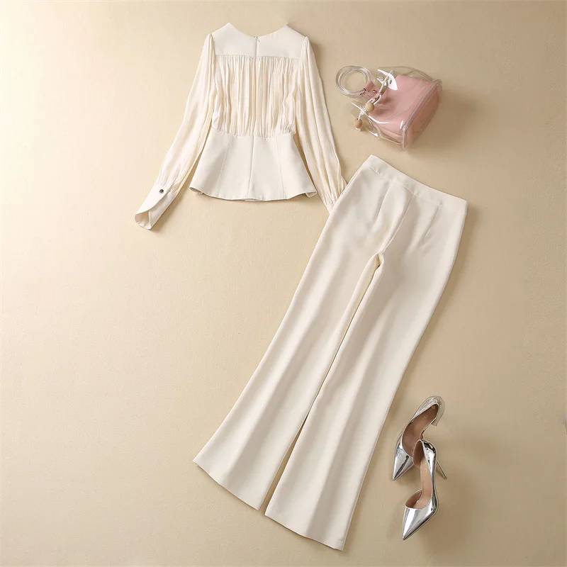 

High Quality Women's Set 2023 Spring Summer Pant Suit Ladies Pleated Long Sleeve Tops Blouse+Full Length Beige Blue Pant Sets