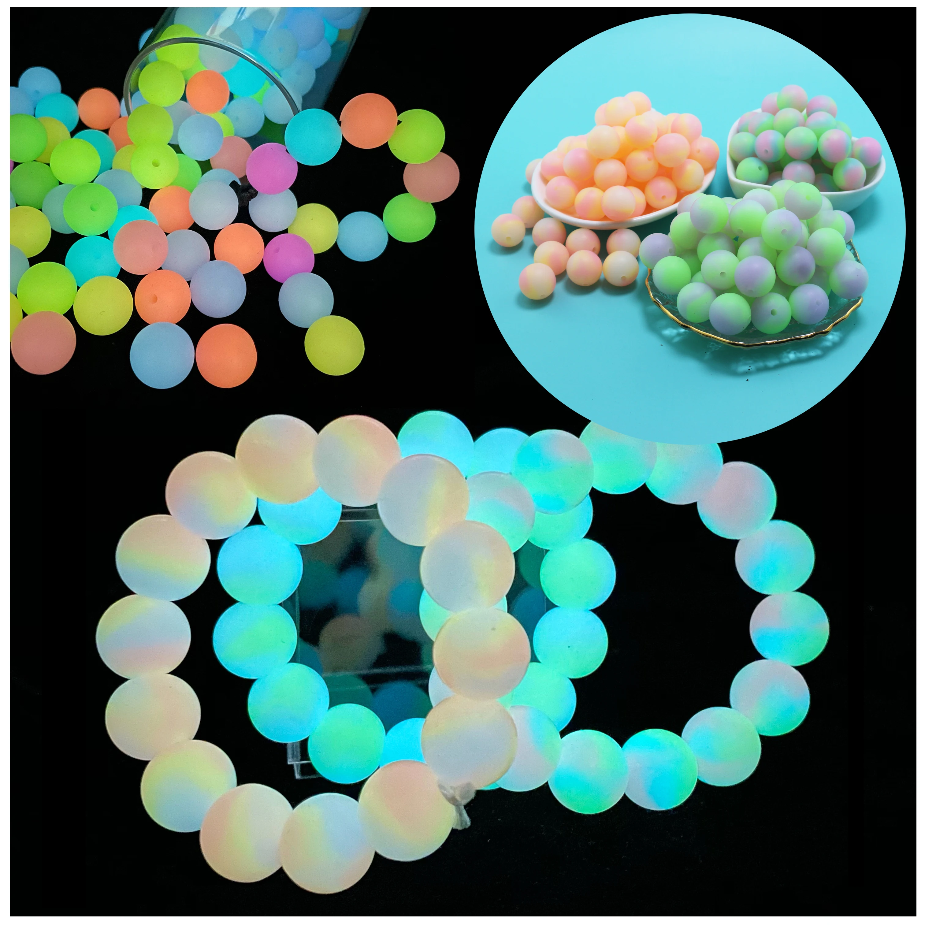 20Pcs Glow in The Dark Silicone Beads 15MM Tie Dye Rainbow