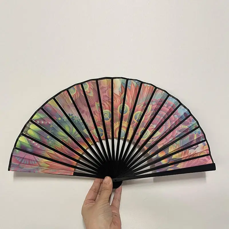 Chinese Style Pattern Hand Held Bamboo Satin Cloth Folding Fan For Church Wedding