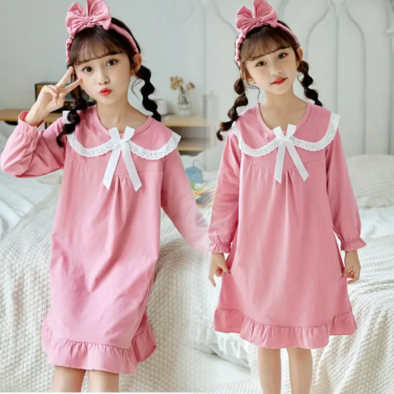 Chemise de nuit à manches longues avec nœud papillon pour filles, pyjama pour enfants, pur coton, bébé, style princesse, décoration, printemps, automne