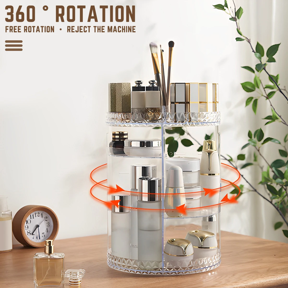 3 Tiers Rotating Makeup Organizer 360° Spinning Large Capacity Makeup Stand Clear Skincare Display Case with Compartment Design