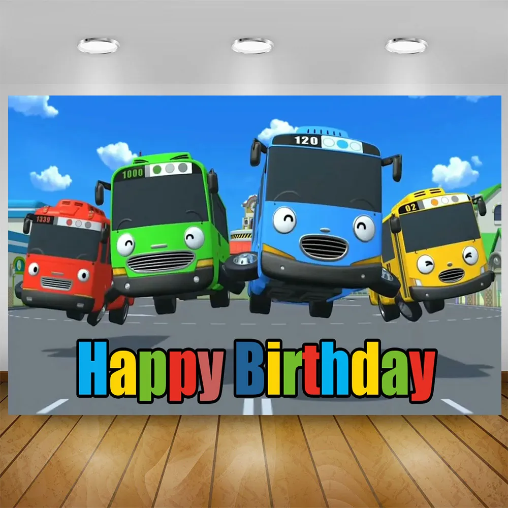 Cartoon The Tayoes Little Bus Theme Kid Birthday Party Boys Newborn Kid 1st Background Toy Bus Station Banner Photo Studio Props party supplies,birthday backdrop,party decoration,party backdrop curtain,photography props,photo booth props
