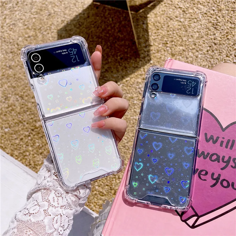 Per Samsung Z Flip 4 3 Custodia Laser Love Custodia Pieghevole Trasparente Per Samsung Z Flip 3 5G Zflip4 Cover Posteriore Rigida Antiurto