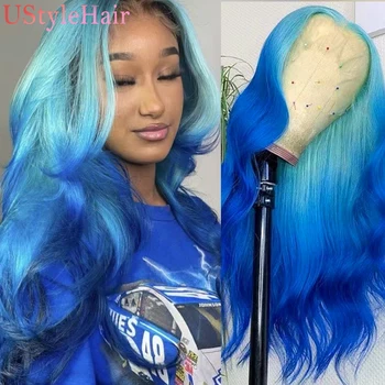UStyleHair Ombre Blue Wigs for Women Long Body Wave Blue Hair Light Roots Synthetic Lace Front Wig Daily Used Heat Resistant Wig