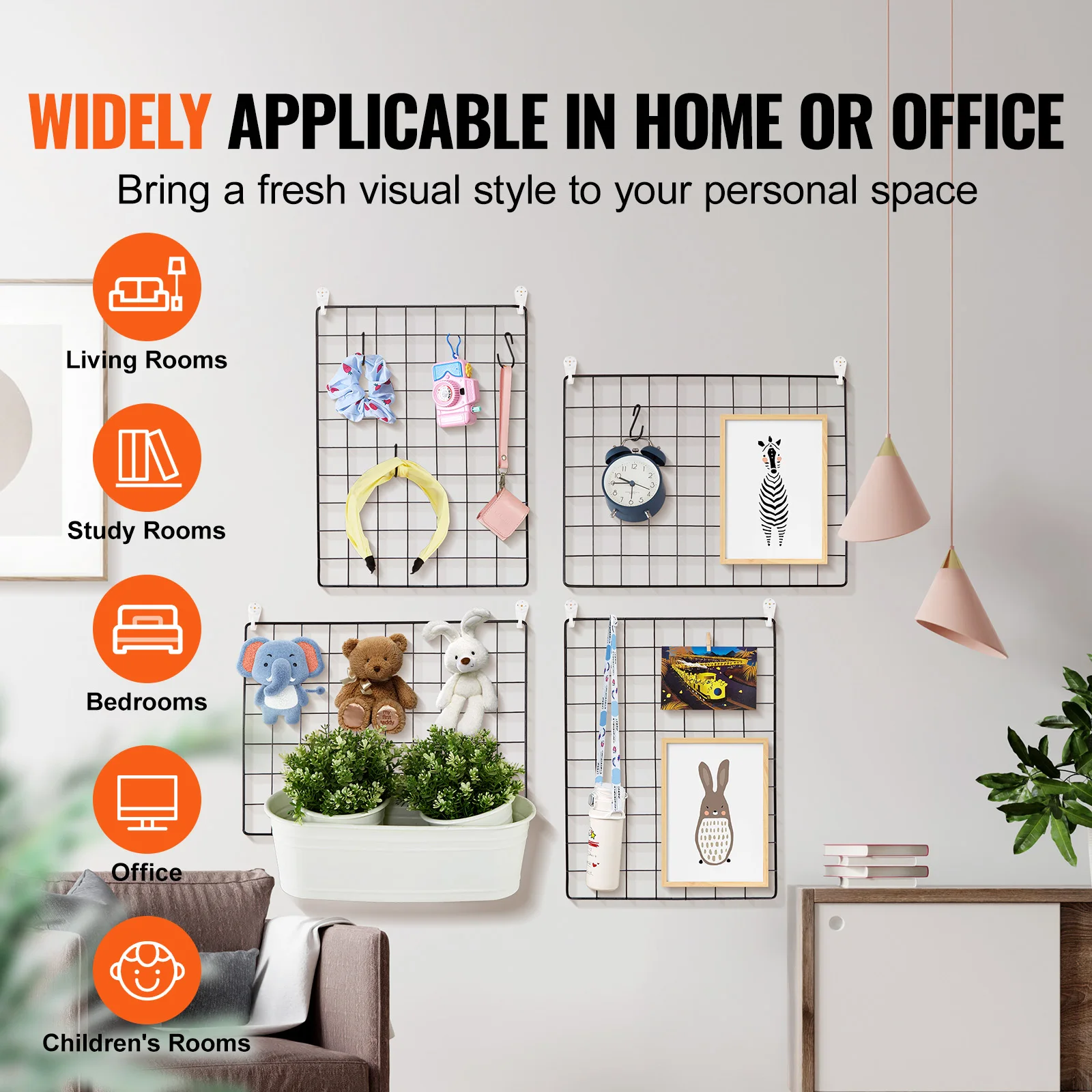 VEVOR Grid Wall Panels 4 Packs Wire Wall Grid Storage Organizer Metal Panel for Photo Pictures Display with Hooks
