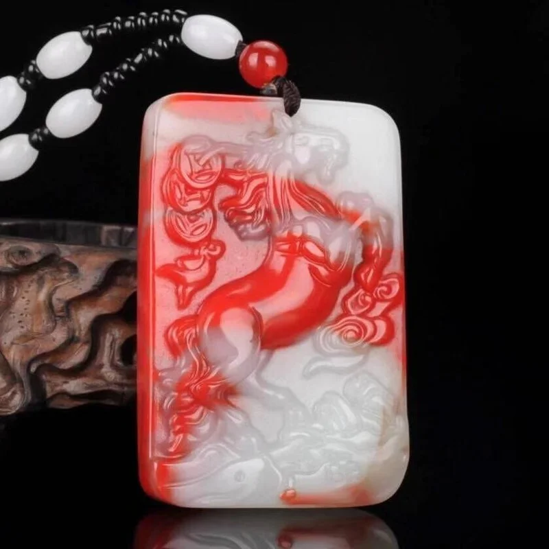 

New Chicken Blood Jade Zodiac Horse Pendant for Men and Women Jade Trend Joker Sweater Chain Pendant
