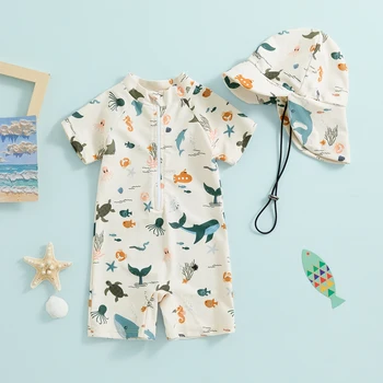 Costume da bagno per bambini con cerniera per neonati + costume da bagno con cappello Protezione solare Costume da bagno per bambini a maniche corte con stampa animalier 1