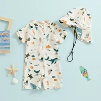 Infant Baby Boys Swimsuit Sun Protection Bathing Suit Toddler Short Sleeve Animal Print Zipper Swimwear + Hat Children Beachwear 2