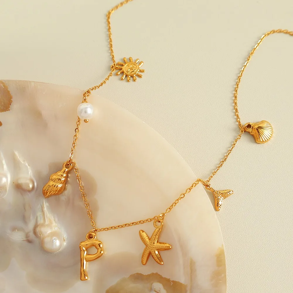 Boho Cute Star Conch Seashell Shells Small Pendant Exquisite Initial Alphabet Clavicle Choker Necklace Gold Plated Jewelry Gifts