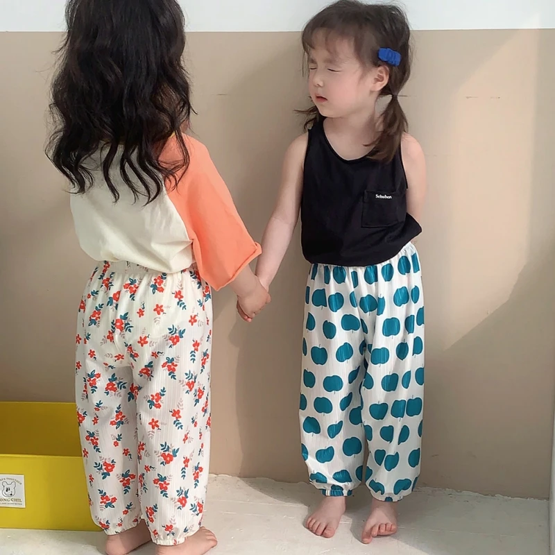 Summer Children Pants Pajama Bottoms Casual Girls Boys Thin Cartoon Printing Loose Pant Trousers Girls Hight Waist Lantern Pants