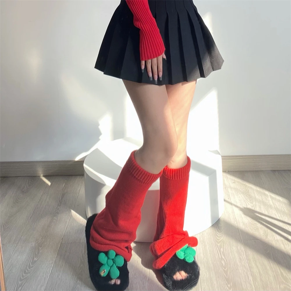 Women's Red Leg Warmers Long Wool Knitted Foot Cover Fashion Winter Leggings Socks Japanese Y2K Boot Cuffs Cosplay Accessories