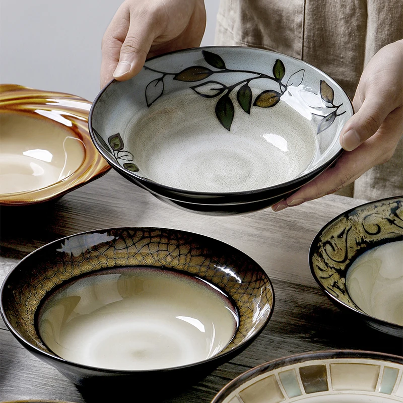 Japanese Style Ceramic Soup Plate Creative Vintage Straw Hat Shaped Deep Dish Household Pasta Salad Dinner Tableware